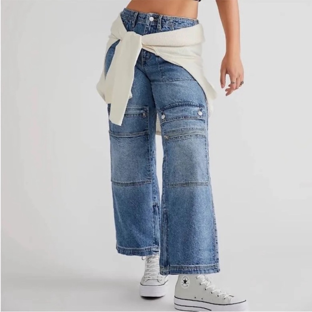 Free People CRVY Under Construction Utility Jeans Sz 32 Cargo Baggy Double Knee - Picture 2 of 10